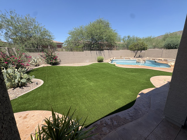 Drought-resistant Arizona yard combining artificial turf, desert planting and gravel
