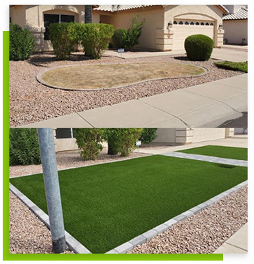Two pictures showing before and after adding our green turf | Always Green Turf - Premier Provider of Artificial Grass & Turf in the Phoenix, Arizona area