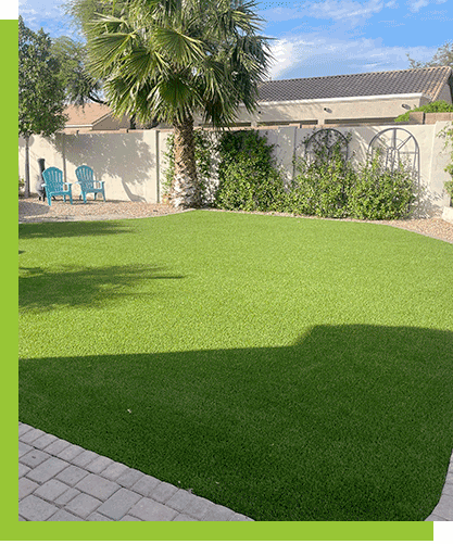 Lush green grass lawn with paver, bushes, and trees